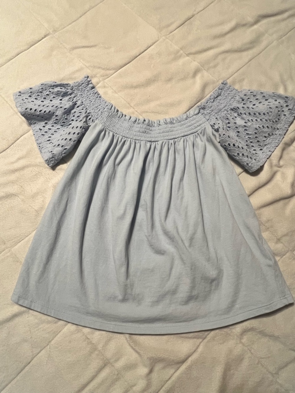 Express Light Blue Off-Shoulder Eyelet Sleeve Top
